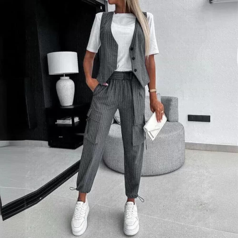 2-teiliges Damen-Kleidungsset, weiß gestreift, ärmellos, Weste, Anzug, lässig und knöchellange Hose, Hose