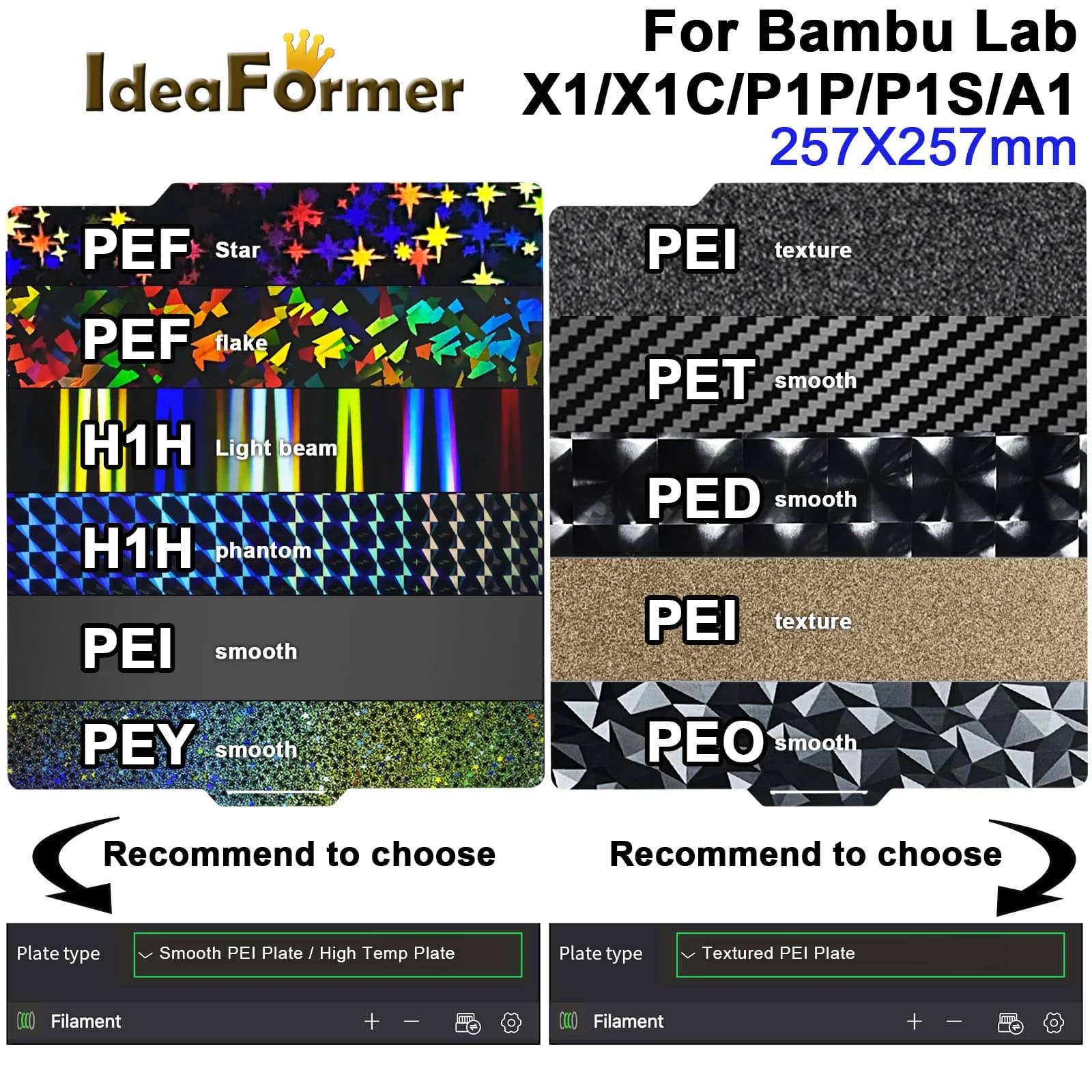 IdeaFormer für Bambulab Bauplatte P1s Federstahlblech Pei Blatt 257x257 Bauplatte P1s Bamboo Lab Bambulab X1 Carbon X1 A1