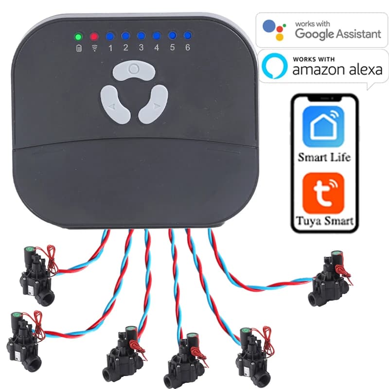 6-Zonen-WIFI Connect Tuya Smart Home Bewässerungstimer und Gartenbewässerungsregler Wassermagnetventil Bewässerungstimer-System