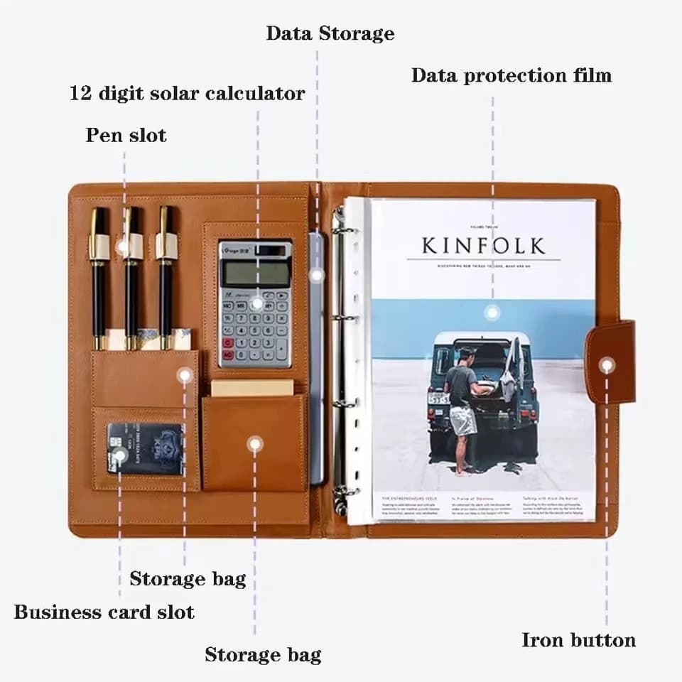 Aktentasche aus Leder im A4-Format, ausgestattet mit Taschenrechner und Stifthalter, professionelle Version, Aktentasche mit 4 Ringen, geeignet für