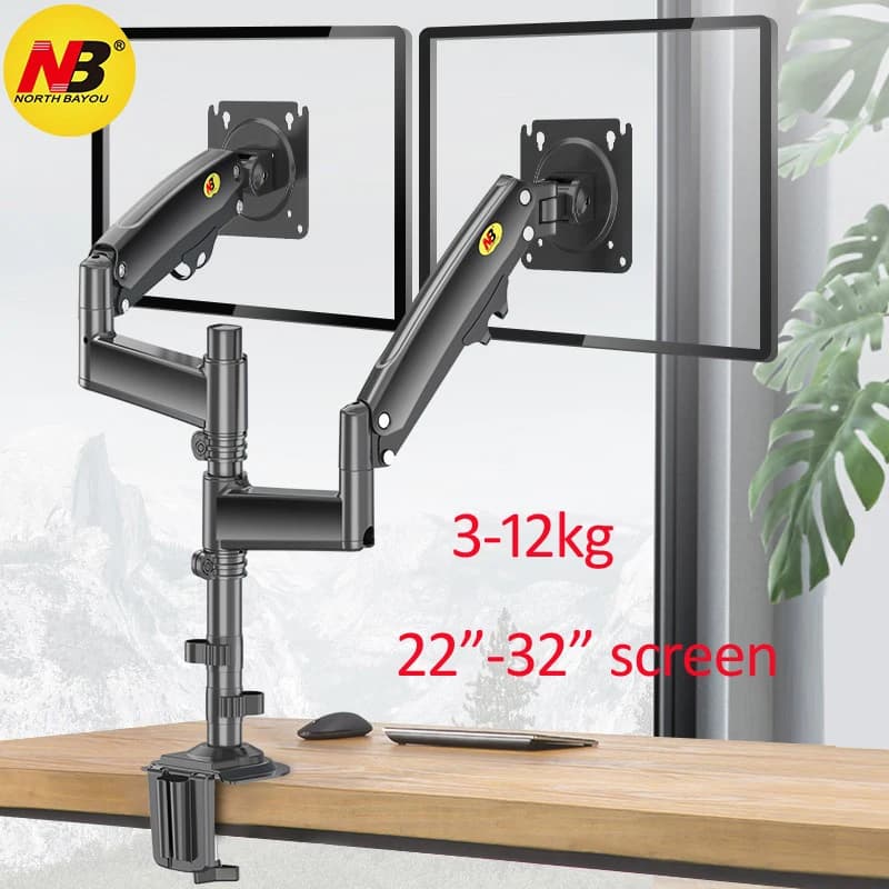 NB NEW H180 22"-32" Gasfeder-Doppelmonitor-Tischhalterung, voll beweglicher LCD-TV-Halter, 2-12 kg, ergonomische Langarm-Klemmhalterung mit