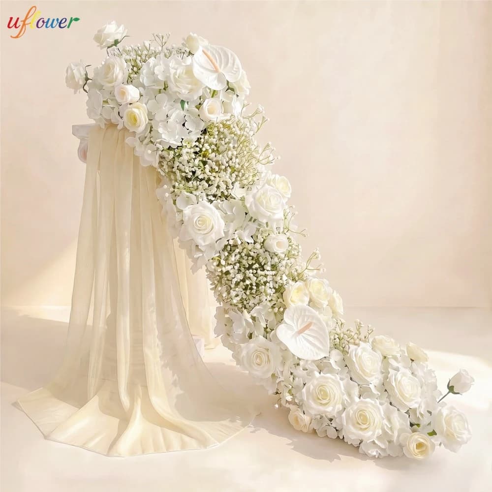 Neue Weiße Rose Schleierkraut Anthurium Künstliche Blumenarrangements Champagner Chiffon Drapierung Hochzeitsbogen Tischläufer Blumenreihe