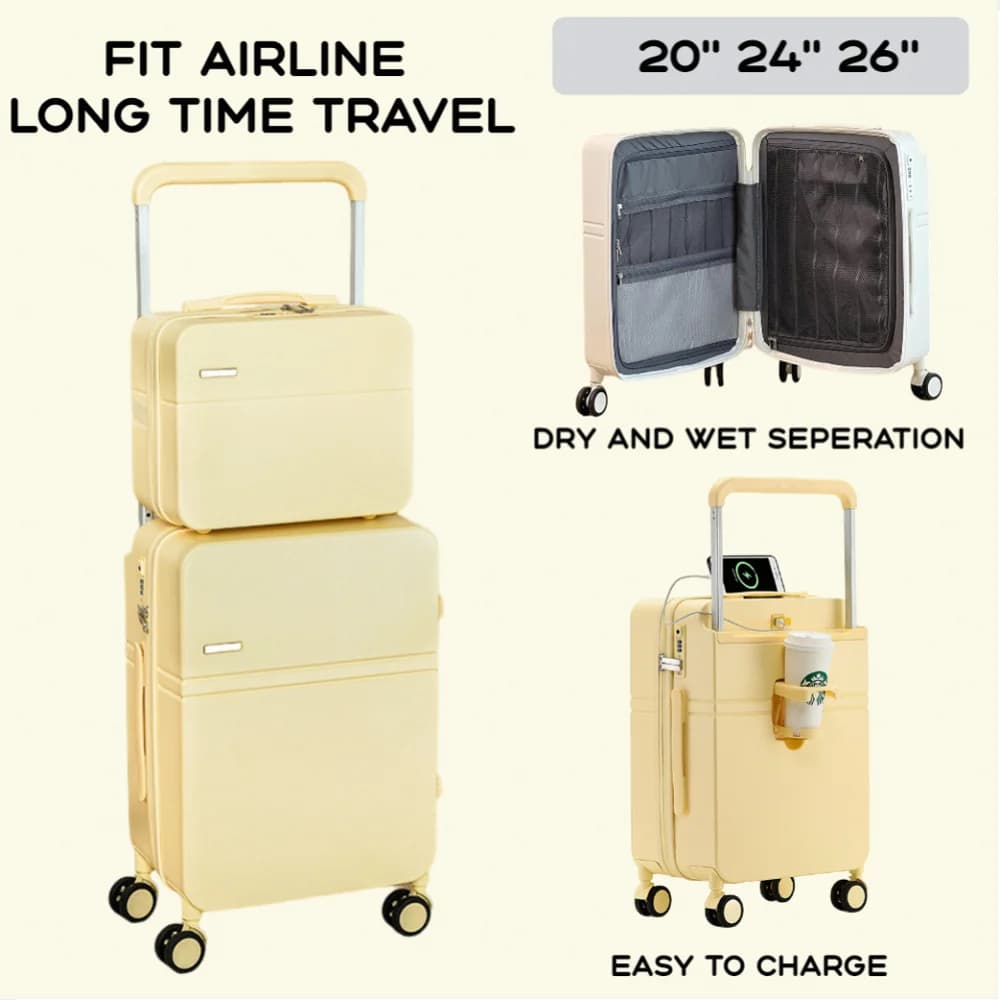2024 neue Design Große Kapazität Koffer Breiten Griff Männer Frauen Handgepäck Reise Trolley Fall USB Lade 20/24/26 zoll
