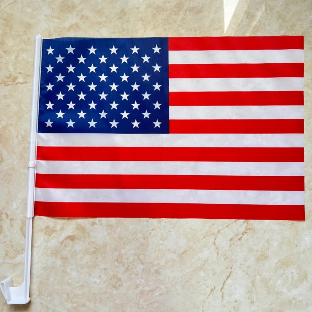 Amerikanische Autoflagge, 30 x 45 cm, USA-Fensterflagge, Träger, Standardträger, winkende Flaggen mit Kunststoff-Fahnenmast