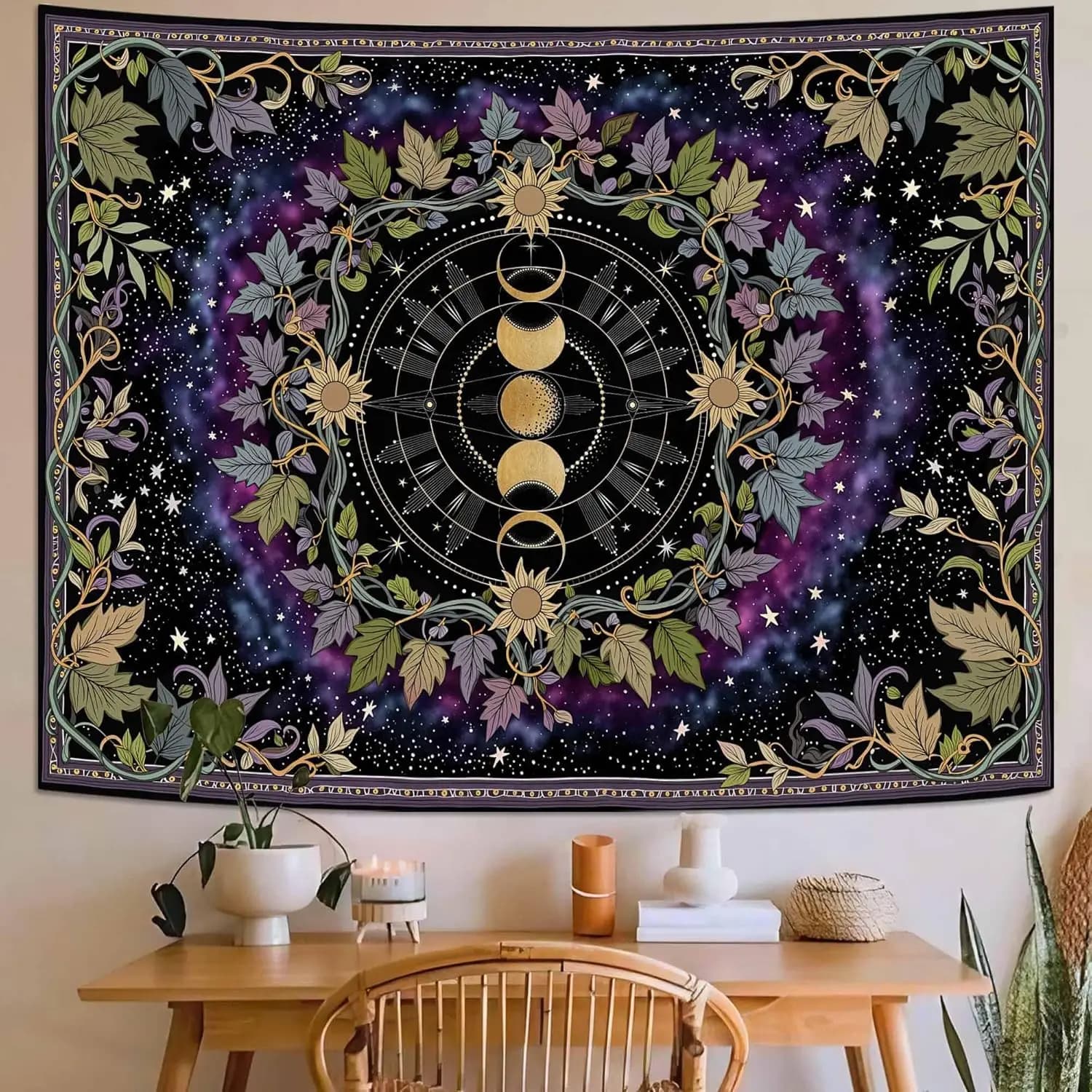 Böhmische Mondphasen-Mandala-Wandteppiche, Galaxie, Ranken, Sonnenblume, mystische, himmlische, heidnische, botanische Kunst, Wandtuch für