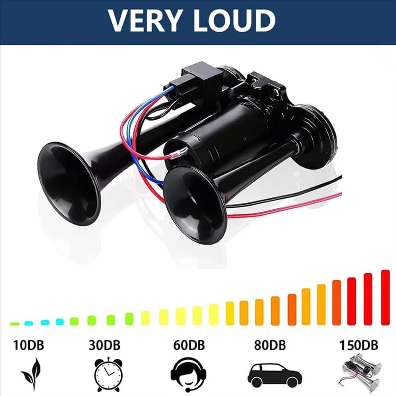 AASS-Horn Kit Zughorn-Kit 12 V 150 dB super laute 2 Trompete mit Kompressor für LKWs, Züge, Boote, Schwarz