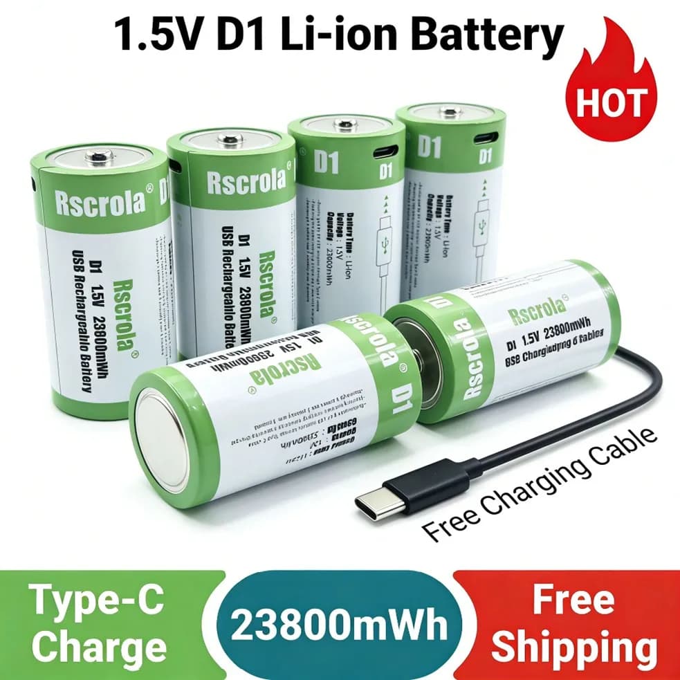 1,5V D1 Li-Ionen-Akku 23800mWh Wiederaufladbare D-Batterie mit Ladekabel für Gaskocher, Warmwasserbereiter, Taschenlampe, Radio, Werkzeug, Spielzeug