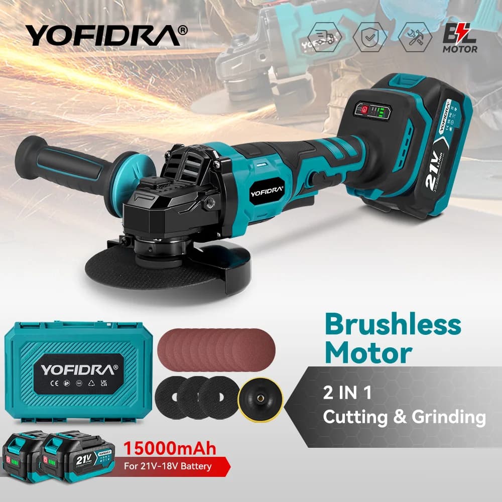 YOFIDRA 125mm Bürstenloser Winkelschleifer 3-Gang-Schleifmaschine Polier- und Schneidwerkzeug für Holzbearbeitung Kompatibel mit Makita 21V Akku