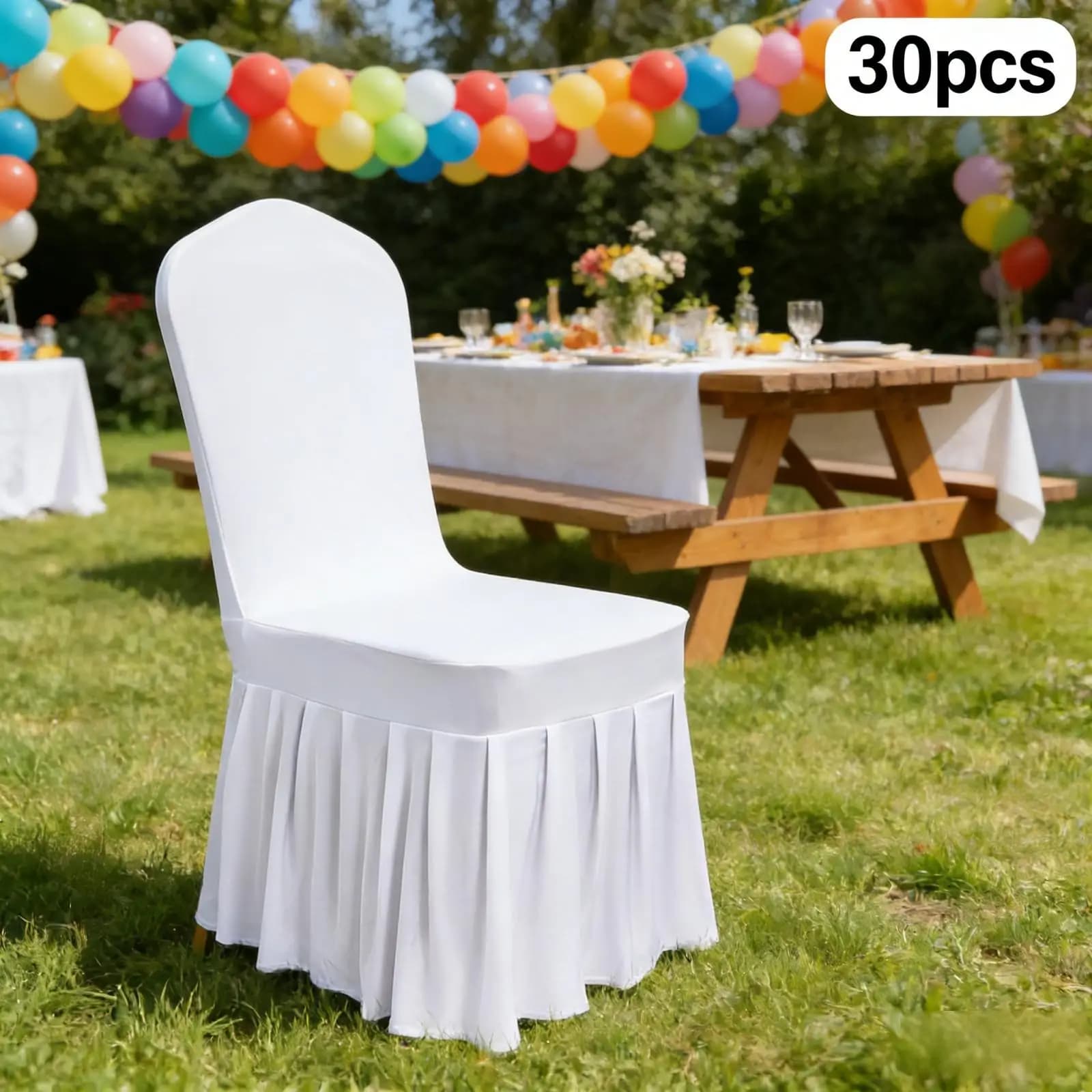 30-teiliger weißer, plissierter, elastischer Stuhlbezug, dicke Version, Hochzeit, Stretch-Stuhlbezug, Stretch-Stuhlhussen mit Rock