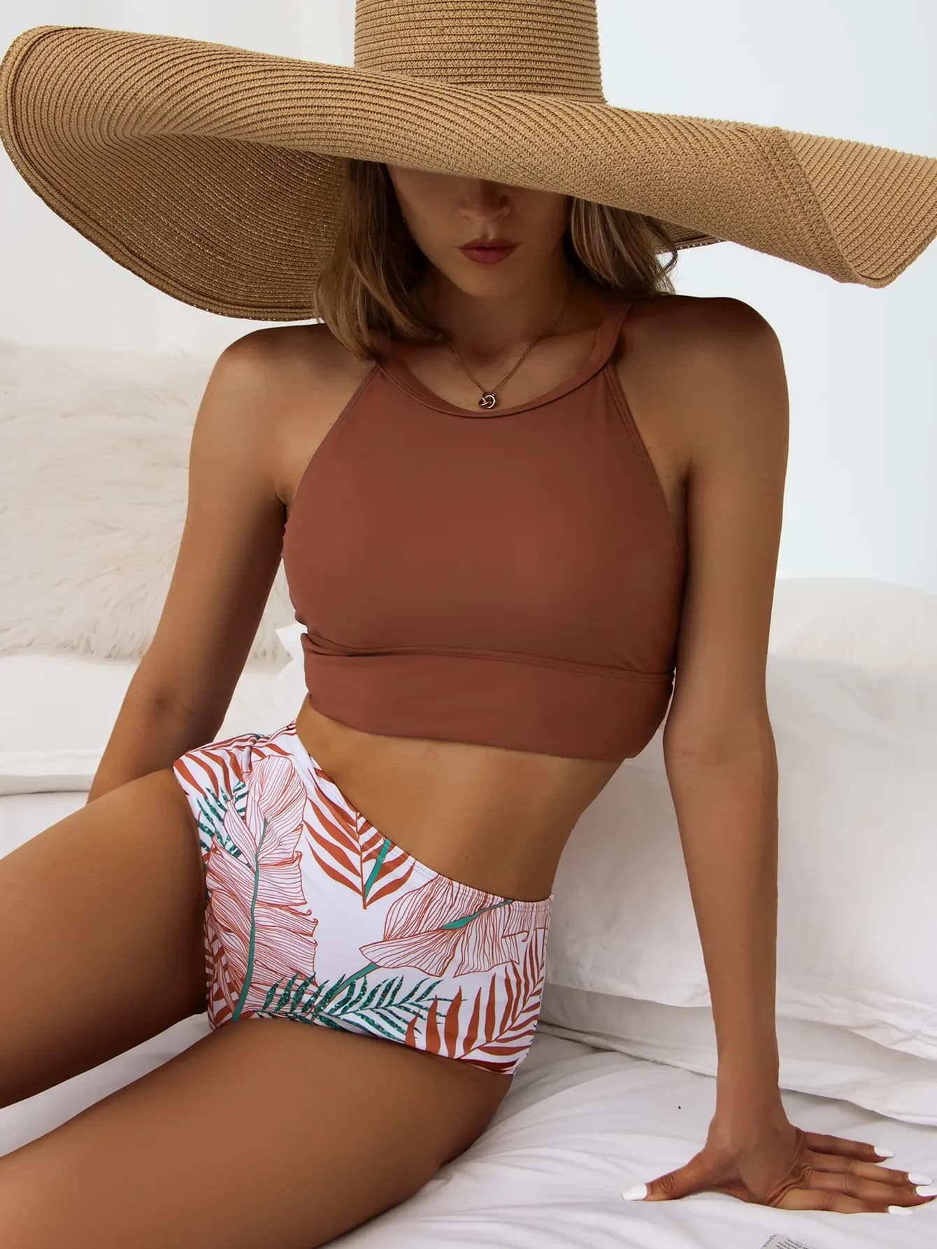2026 High-Waist Bikini für Damen, hochgeschlossener Badeanzug, bedruckte Bademode, gepolsterte Strandkleidung, Badeanzug