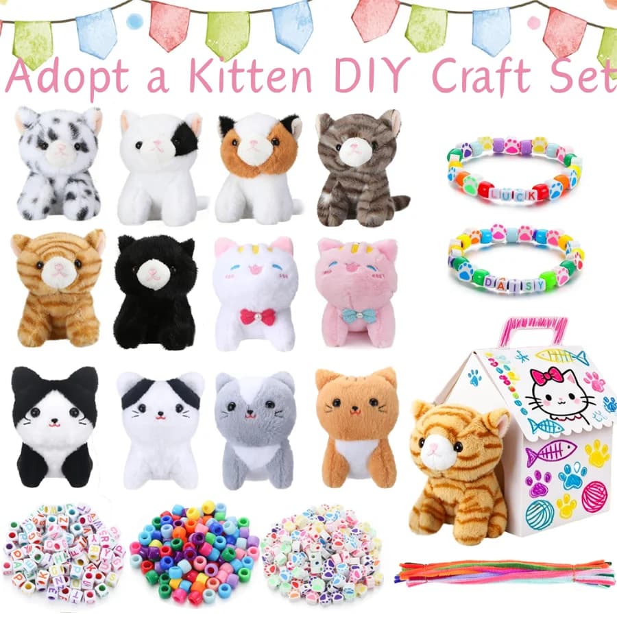12-24 Sets DIY Adopt A Cat Party-Geschenke: Selbstgemachtes Katzen-Plüschtier mit Hausperlen-Halskette für Geburtstagsfeiern