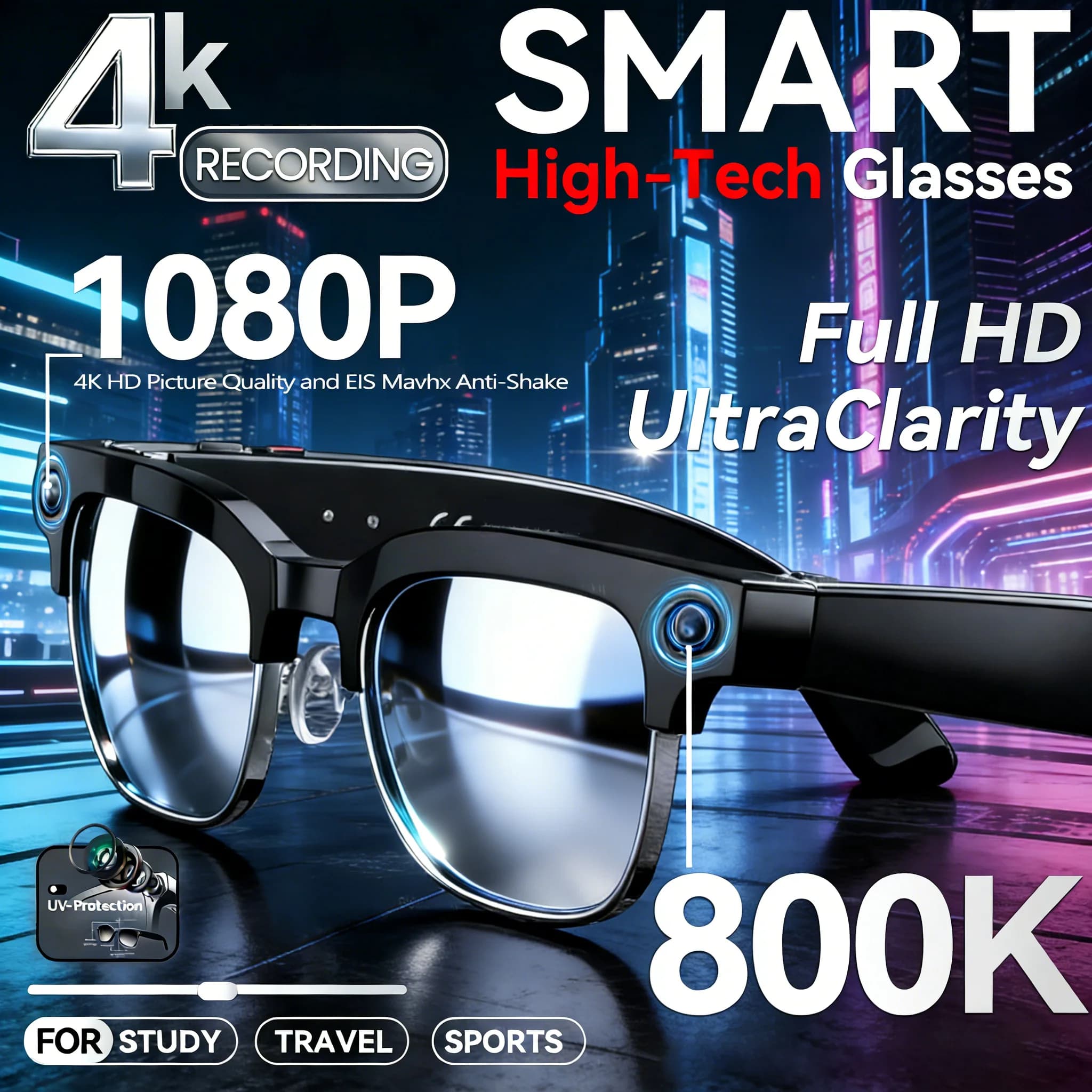 4K HD Upgrade Smart-Brille mit Kamera, Videoaufnahme, KI-Fotoerkennung, Bluetooth-Anruffunktion, Übersetzung und Sprachfunktion – Sonnenbrille für