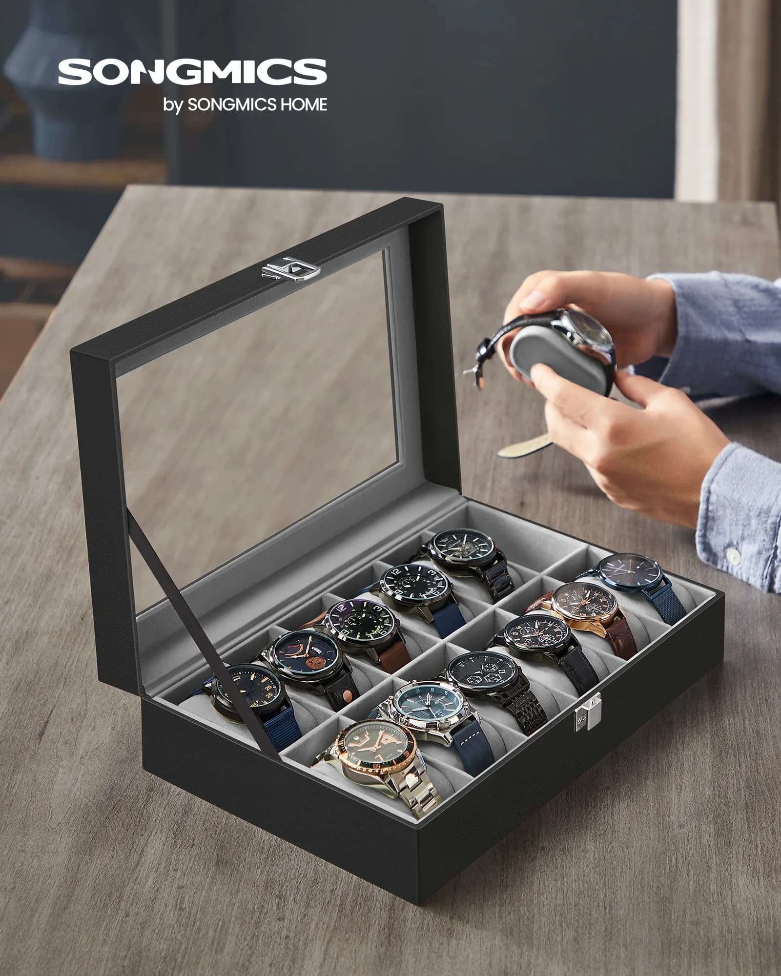 SONGMICS Uhrenbox mit 12 Fächern, Uhrenkasten, Glasdeckel, Uhrenkoffer mit herausnehmbaren Uhrenkissen, Premium-Uhrenschatulle