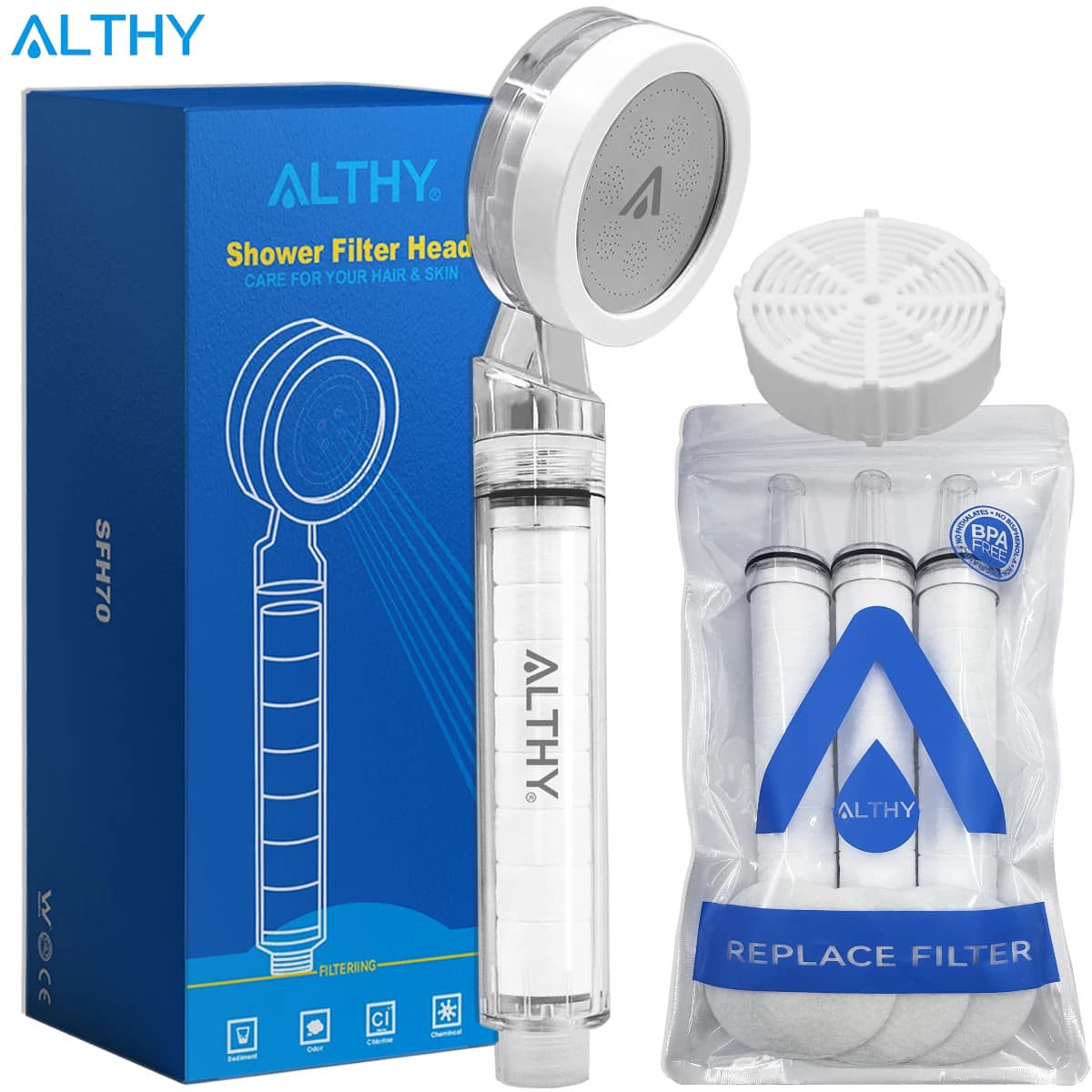 ALTHY Hochdruck-SPA-Handbrause-Wasserfilter, reduziert Chlor aus schwerem Metall, verbessert trockene Haut, Schuppen und Ekzeme