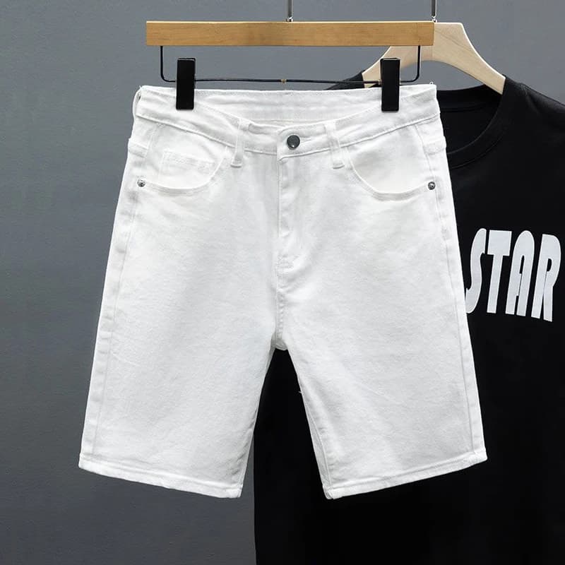 Weiche elastische weiße Herren-Jeansshorts, Sommer, gerade Passform, Basic, einfarbig, knielang, kurze Jeans, koreanische Modekleidung