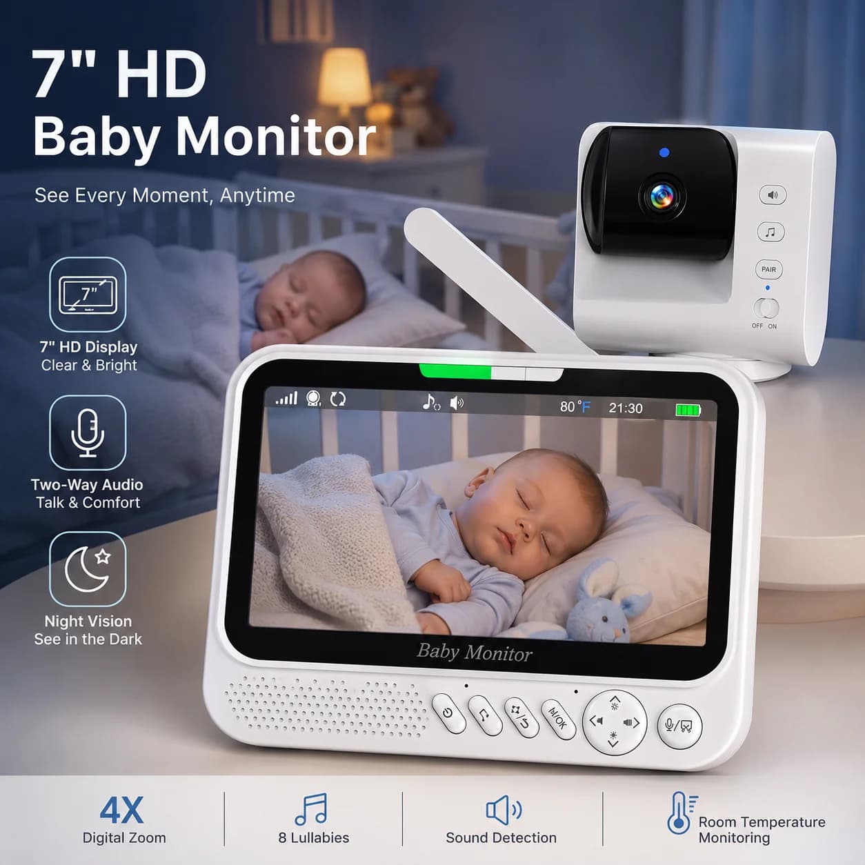 7,0 Zoll Video-Babyphone mit Schwenk-Neige-Funktion 4-fach Zoom PTZ-Kameras Zwei-Wege-Audio Nachtsicht Sicherheits-Babysitter VOX-Aktivierung