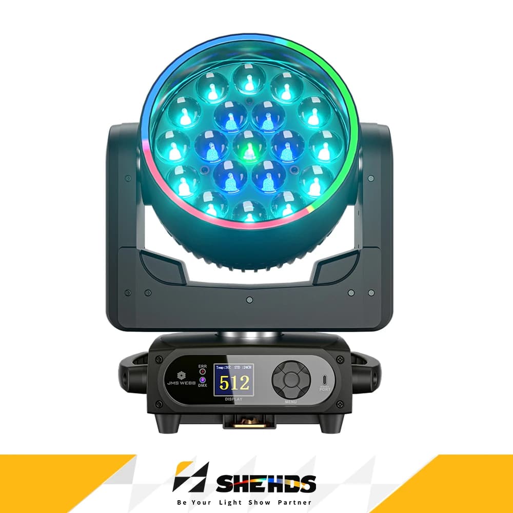 SHEHDS NEUER LED Beam Wash 19x15W 4in1 Zoom RGBW Moving Head Scheinwerfer mit Ring für Party, DJ, Disco, Hochzeit, DMX, geräuscharm