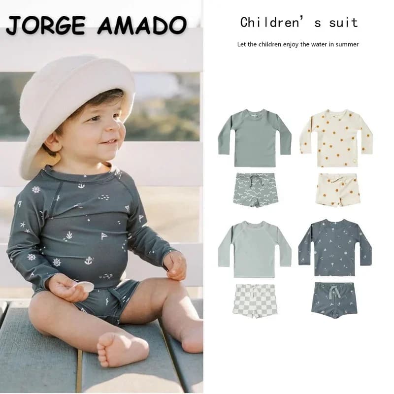 Neue Sommer Kind Junge Schwimmen Tragen 2 stücke Blau Möwe Beige Sonne Badeanzüge + Badehose Heißer Frühling Sonnencreme Kinder Kleidung e6779