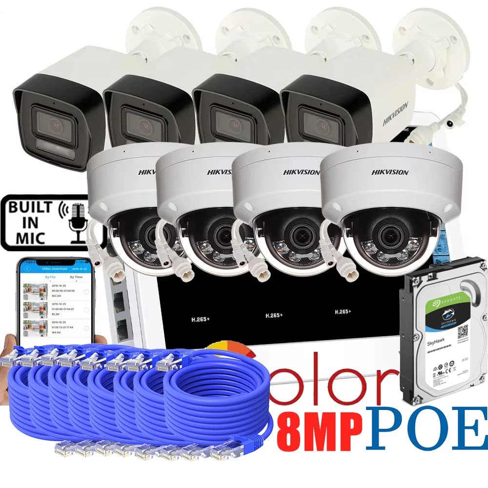Original Hikvision Mehrsprachiges DS-2CD1083G2-LIU DS-2CD1183G2-LIU 8Mpx PoE Vollfarb-IP-Kit mit 8-Kanal-PoE-NVR-Rekorder