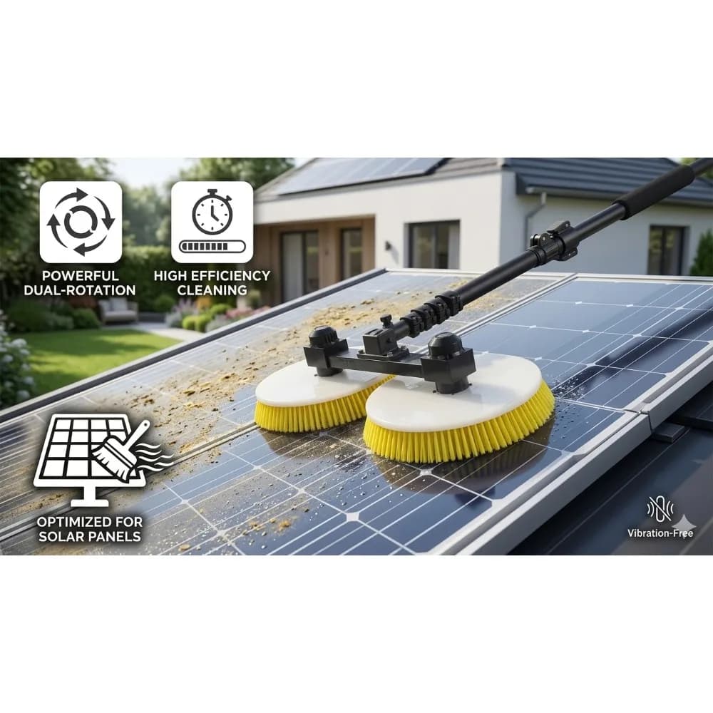 Bürstenloser Elektrischer Solarmodul-Reiniger mit Doppelkopf-Rotationsbürste und Wasserzufuhr-Teleskopstangensystem für PV-Photovoltaik-Reinigung