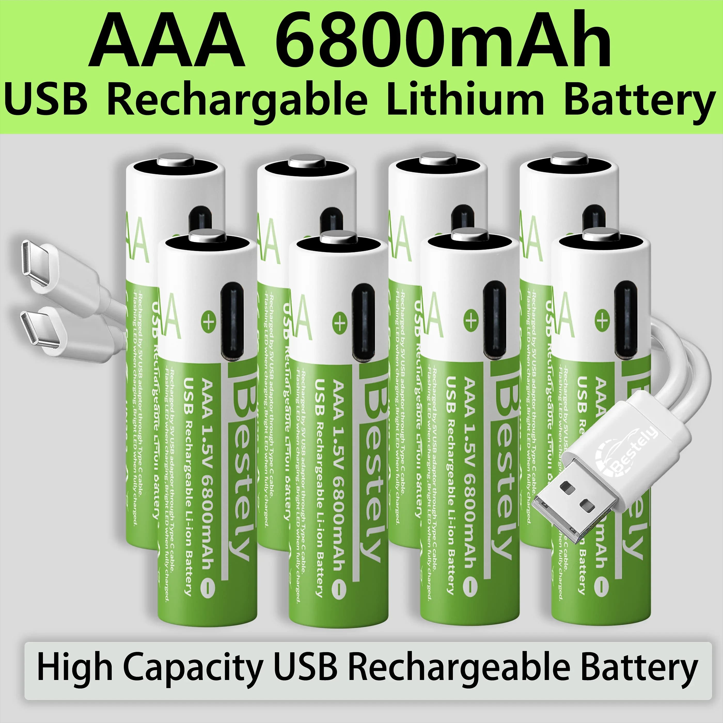 Neue 1,5V AAA 6800mAh Lithium-Akkus USB AAA Hochleistungs-Li-Ionen-Batterie 2000 Zyklen mit kostenlosem Typ-C-Kabel