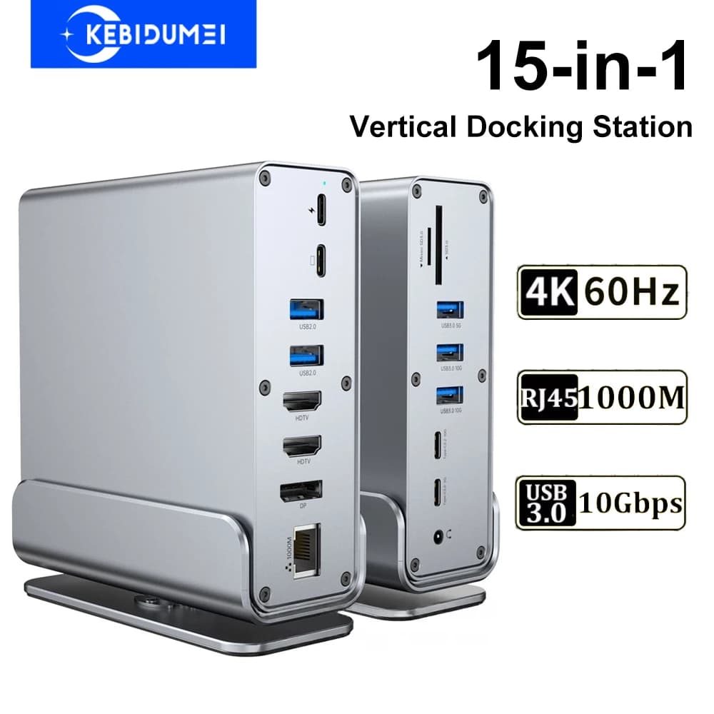 Vertikale Dockingstationen 15-in-1-USB-Dockingstation TYP C-Hubs mit Dreifachmonitor HDMI 4K60Hz/RJ45 1000M/USB3.0/PD100W Vertical Docking Stations