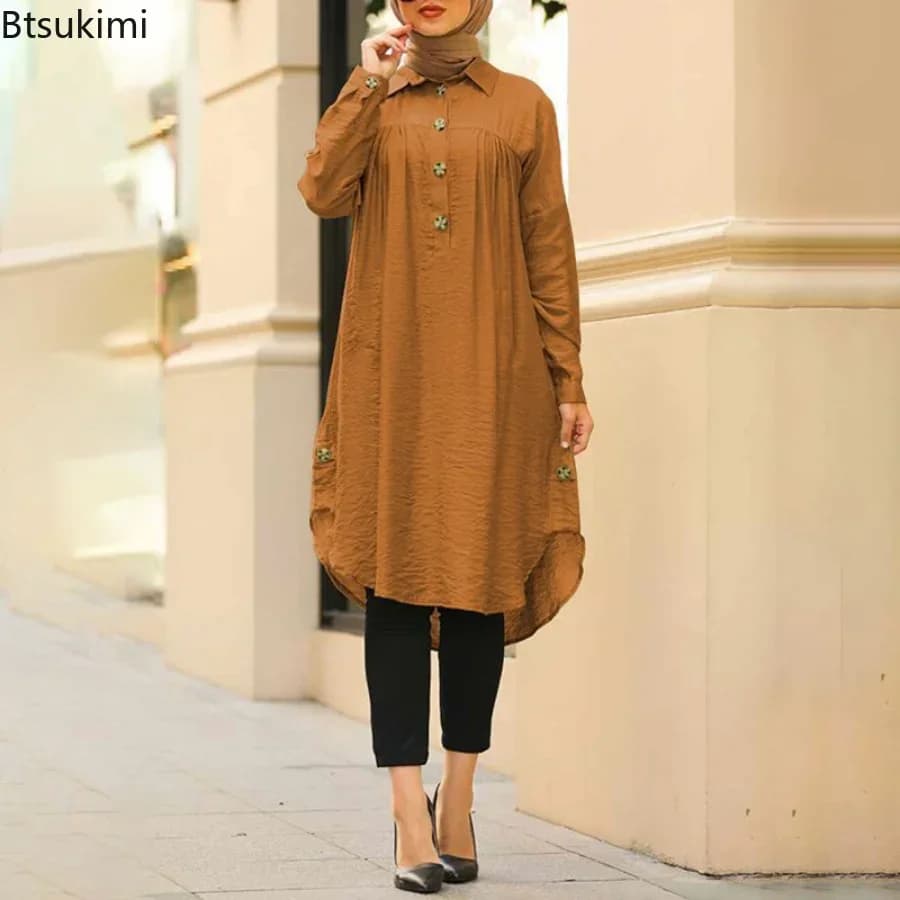 2026 sommer Muslimischen Solide Bluse für Frauen Einfache Baumwolle Leinen Lange Hemd Saudi-arabien Islam Femme Tops Dame A-linie Hemd Kleider