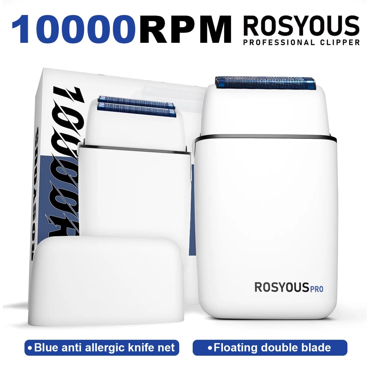 ROSYOUS RS620 Herren-Rasiermaschine, 10.000 U/min, Doppelfolie, blau, hypoallergenes Messer, Netz, elektrischer Bartschneider, Friseursalon