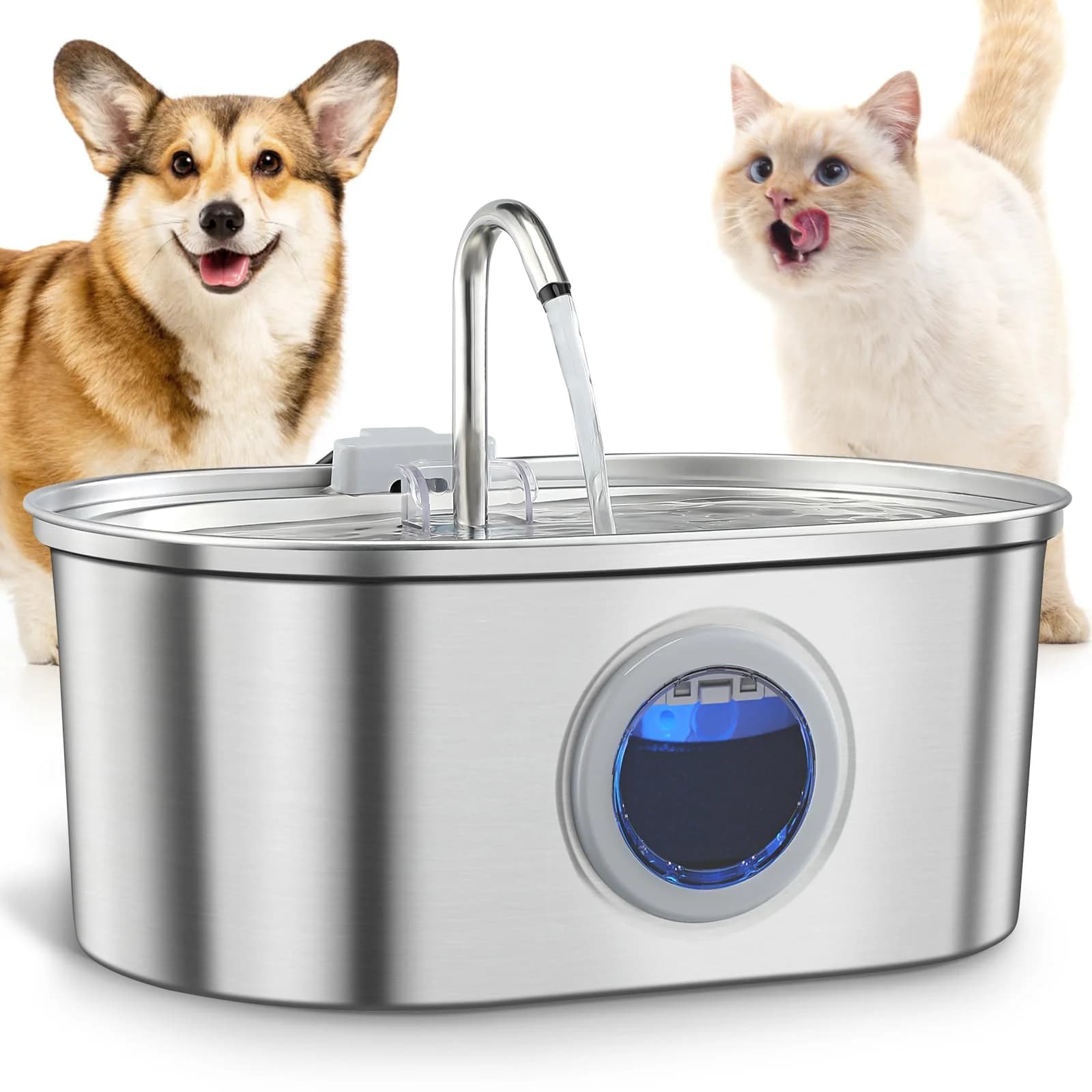 3,2-Liter-Edelstahl-Wasserspender für Katzen mit Sichtfenster zur Beobachtung des Wasserstands, geeignet für viele Katzen und Hunde.