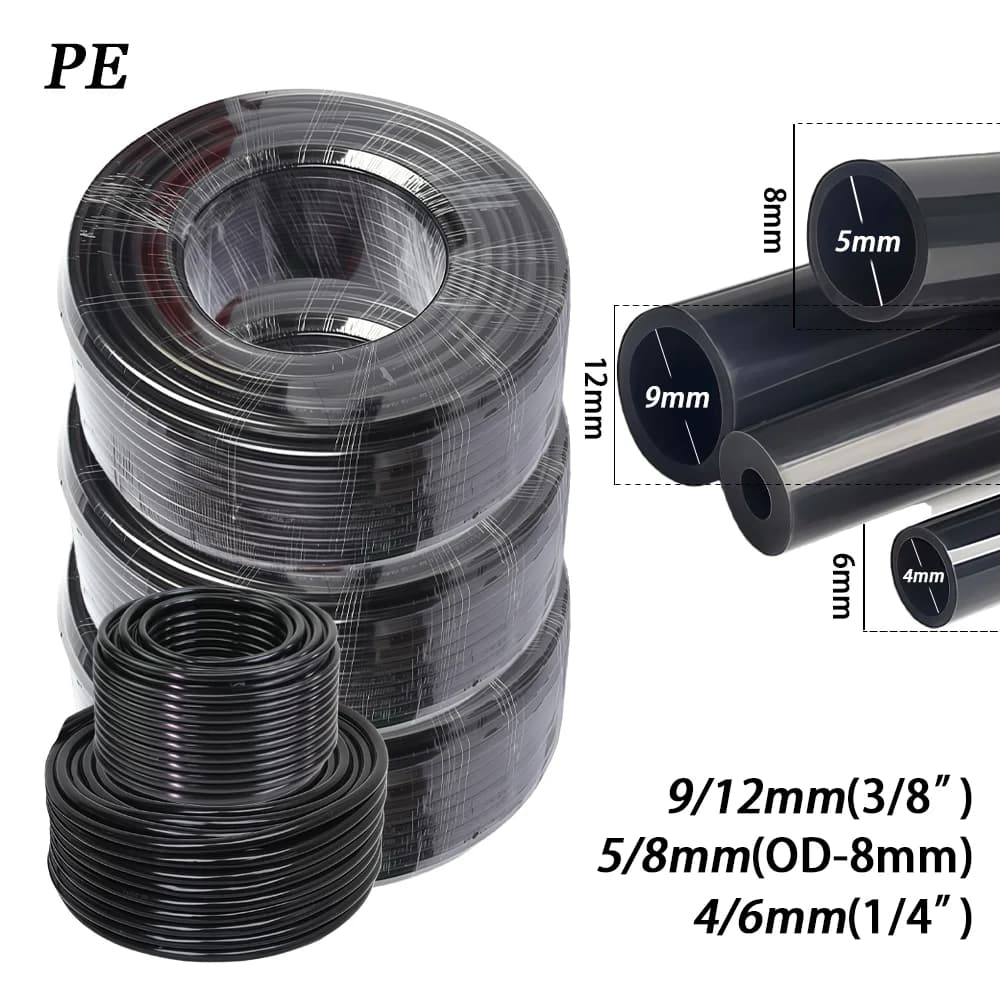10/20/30/50M OD-6mm 8mm 12mm Schwarzer PE-Gartenschlauch Druckfest 4/6mm 5/8mm 9/12mm Tropfbewässerungsrohr 3/8" 1/4" Bewässerungsrohr