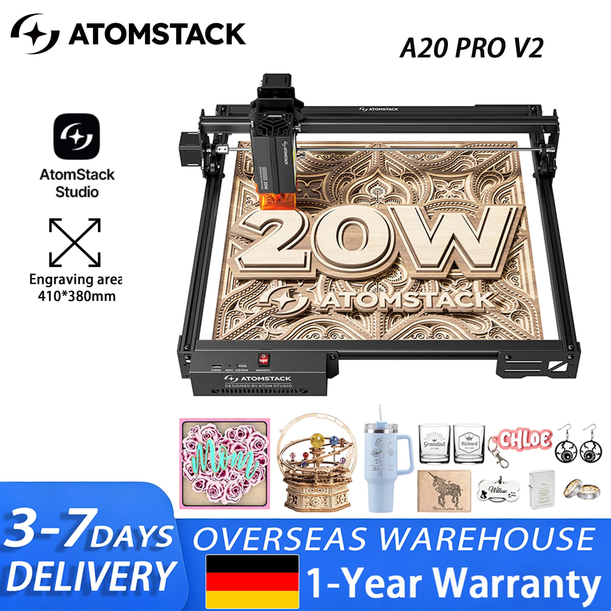 ATOMSTACK A20 PRO V2 20W Laser-Cutter und Graviermaschine mit 0,06mm Spotgröße, 410x380mm Arbeitsbereich für Holz, Metall, Glas, Edelstahl, Keramik