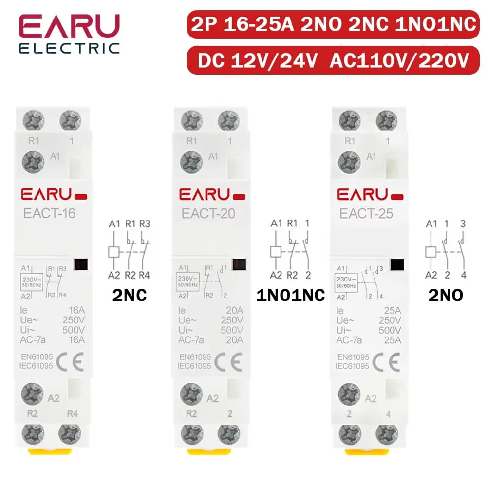 DC 12V/24V AC 110V/220V 50/60Hz 2P 16A 20A 25A 2NO 2NC 1NO1NC DIN-Schienenmontierter Haushaltsmodulkontaktor für Smart Home