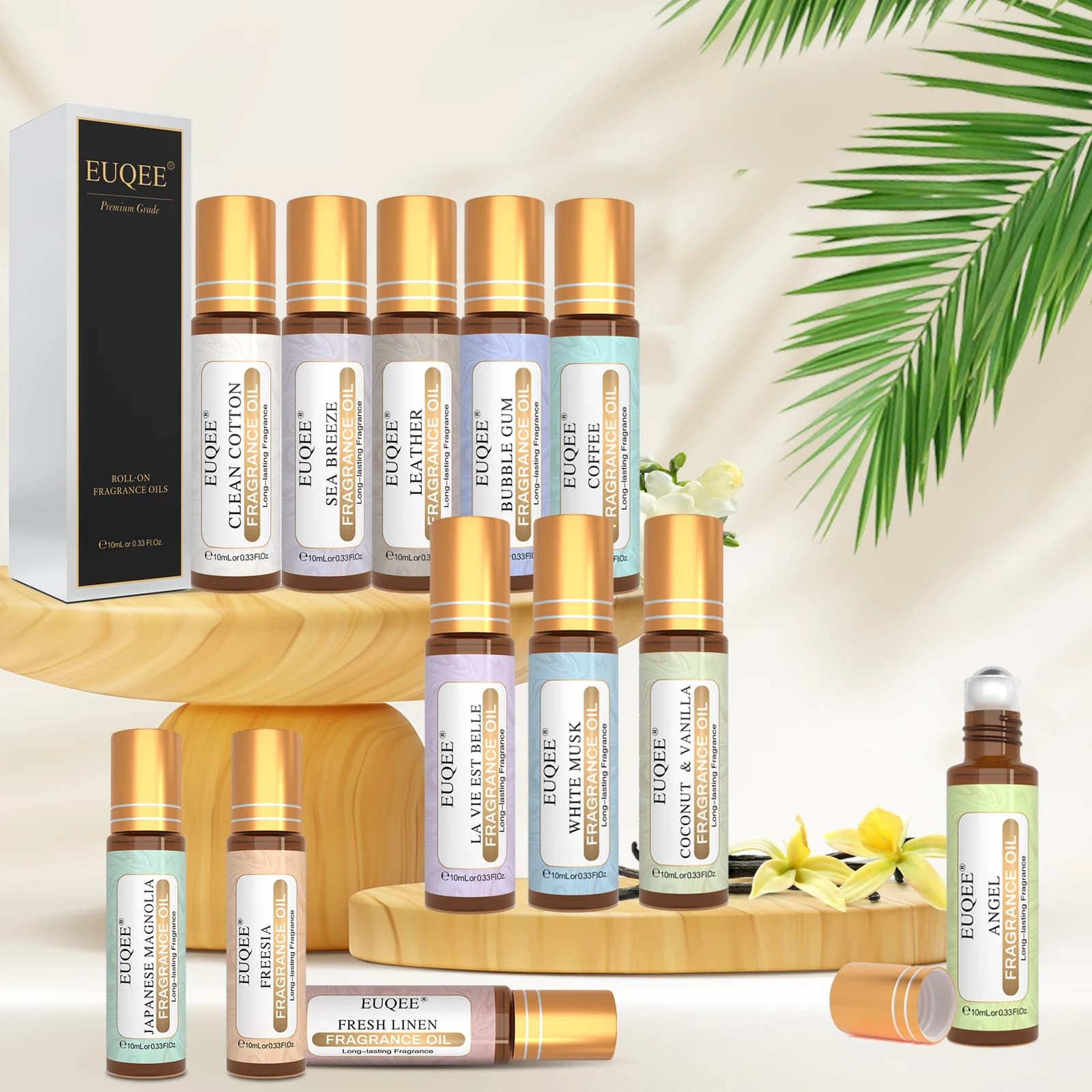 EUQEE 10ml Roll-On Duftöl Meeresbrise Weißer Moschus Kokosnuss & Vanille Kaugummi Grüner Tee Engel Amber Langanhaltender Duft