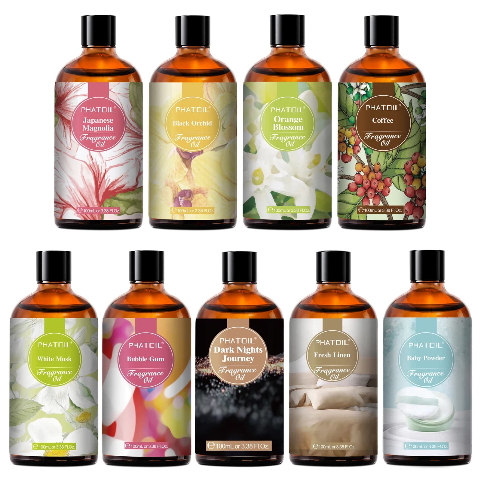 PHATOIL 100 ml (3,38 Fl Oz) Duftöl für Aromatherapie-Diffusor – weiße Moschus-Kaugummi, Babypuder, Kaffee-Aroma-Duftöle