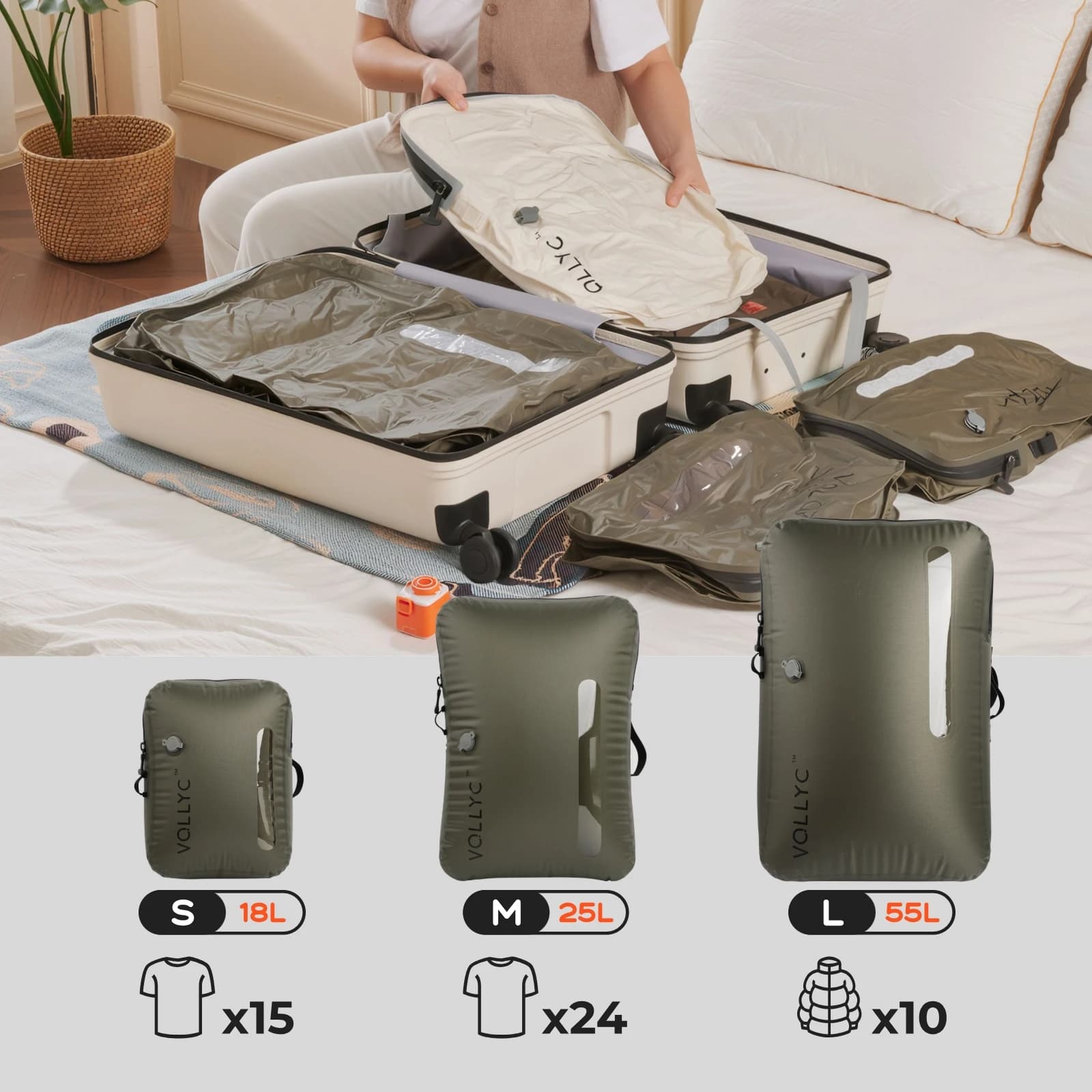 FLEXTAIL X VOLLYC EZYPACK – 18–55 l Vakuum-Aufbewahrungstasche, wiederverwendbare Kleidungs-Aufbewahrungstasche, Reise-Kompressionsrucksack,