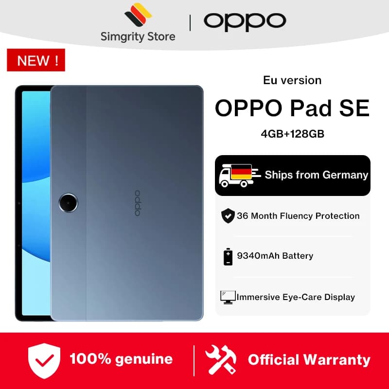 OPPO Pad SE 4 GB + 128 GB Blaues Tablet, LCD-Display mit einer Auflösung von 1920 × 1200, Akku mit 9340 mAh/36,06 Wh (typisch), 33 W