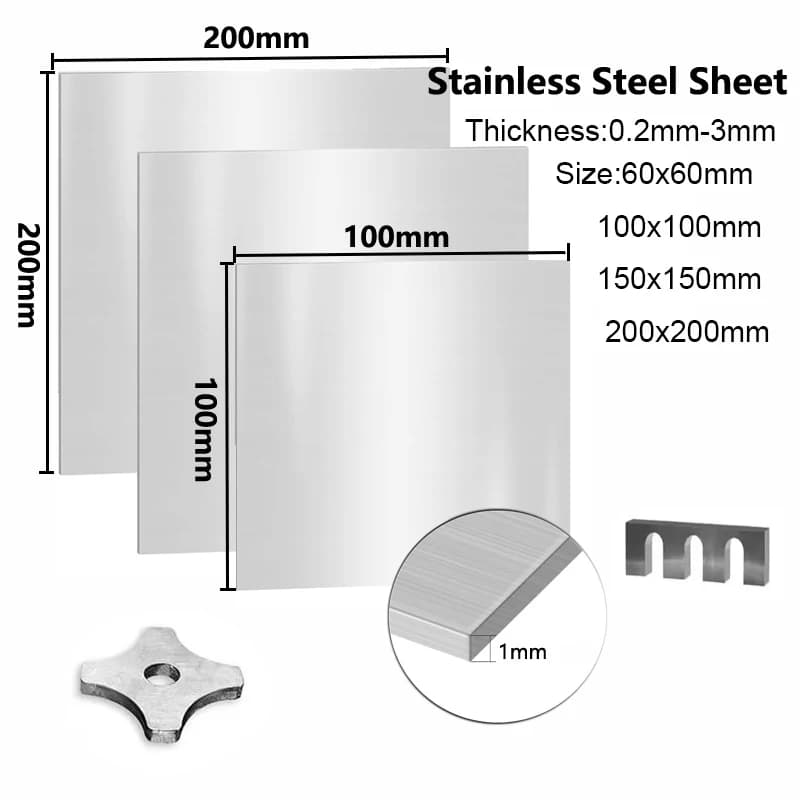 1–5 Stück quadratische Blechplatte aus Edelstahl 304, Dicke 0,1/0,2/0,5/0,8–3 mm, polierte Metallplatte 100 x 100 mm, 150 x 150 mm, 200 x 200 mm