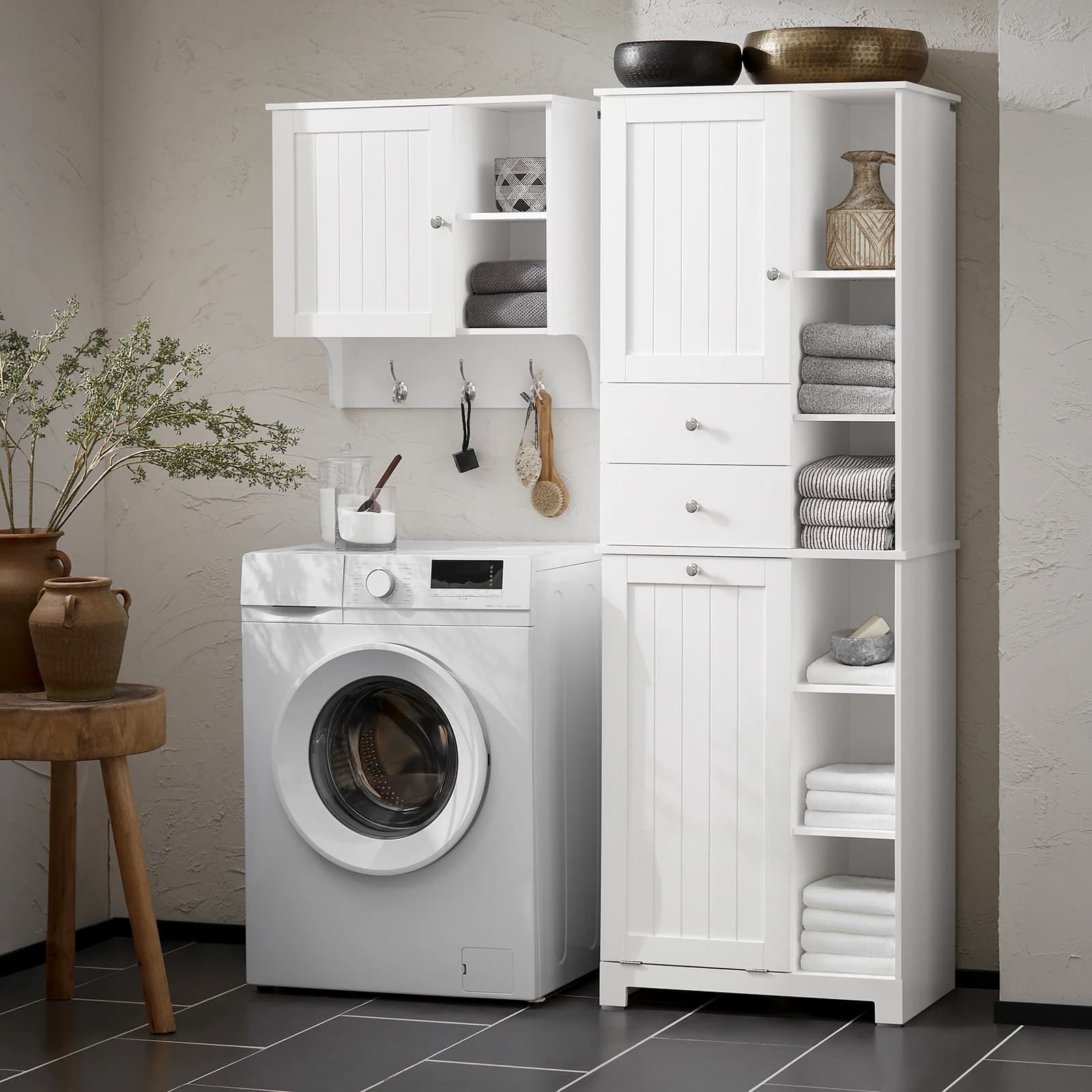 SoBuy BZR104 Hochschrank mit ausklappbarem Badezimmer Schrank schmal Wäscheschrank Badregal Badezimmerschrank