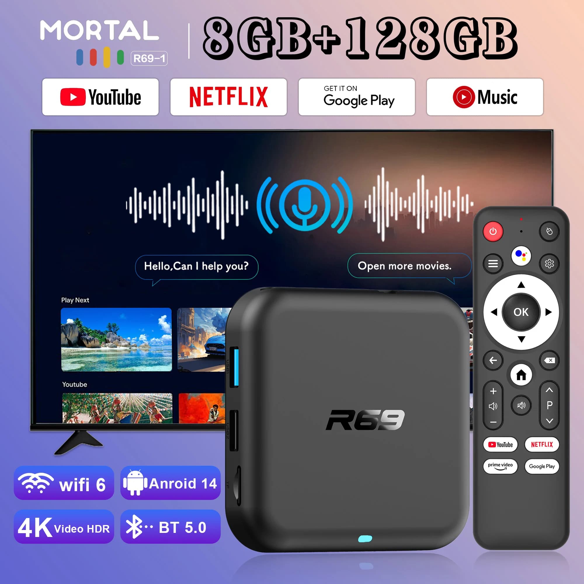 2025 Neue globale Android 14.0-TV-Box R69-1, unterstützt 4K RK3518, Bluetooth 5.0, WLAN, 6 RAM, 8 GB ROM, 128 GB, mehrsprachige Smart-TV-Box