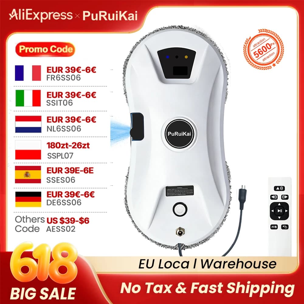 PuRuikai Automatischer Fensterputzroboter, Fensterputzroboter Auto Spray, 5600 Pa Saugkraft, Fernbedienung, Kantenerkennung