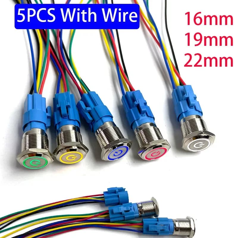 5 Stück Metall-Drucktastenschalter 12V 16mm 19mm 22mm Ringlampe Stromsymbol Wasserdicht LED-Licht Selbstverriegelnd Rücksetzbar mit Anschluss 220