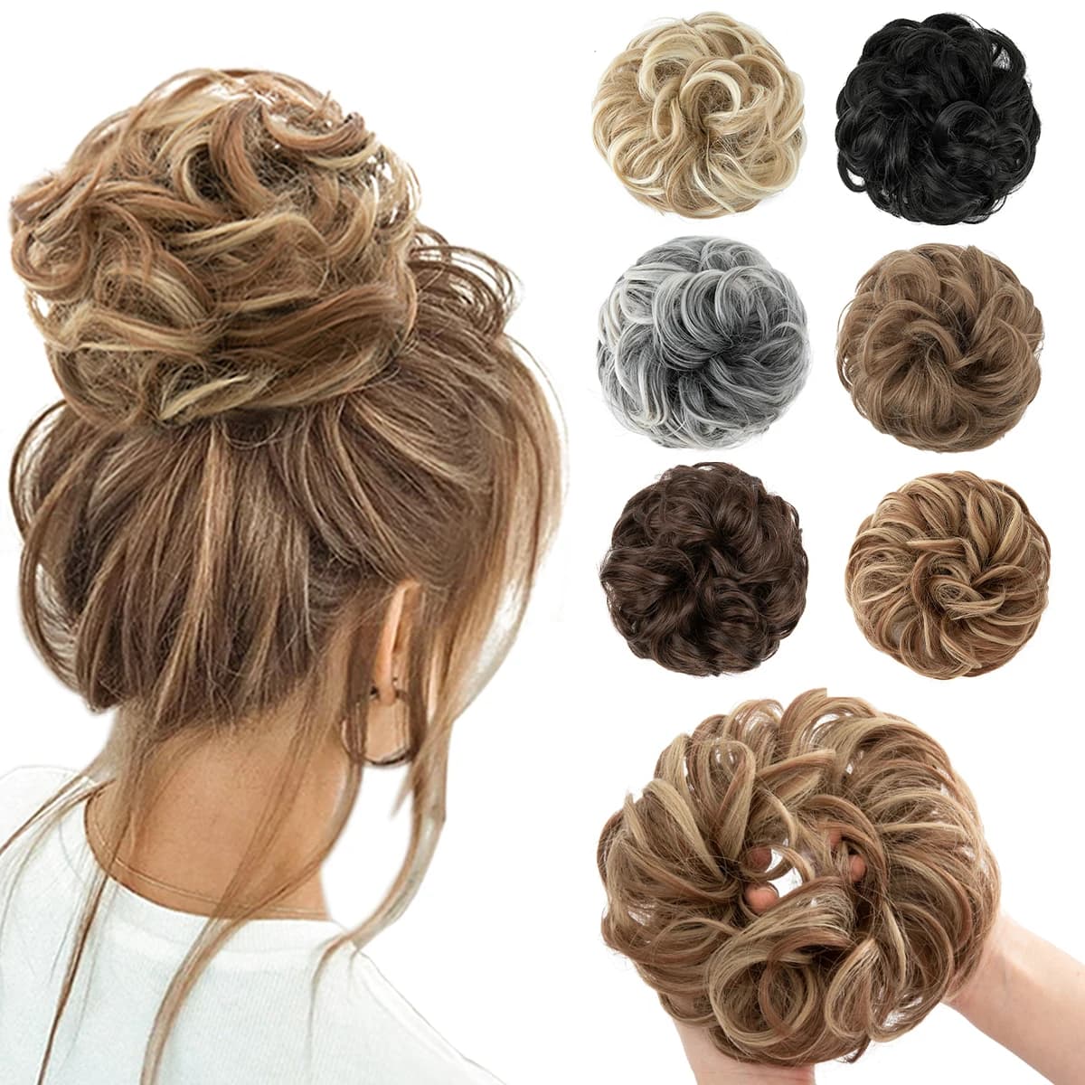 Synthetische unordentliche Haarknotenverlängerungen, große lockige elastische Haargummis, Haarteile, Chignon, Donut, Hochsteckfrisur, Haarteile für