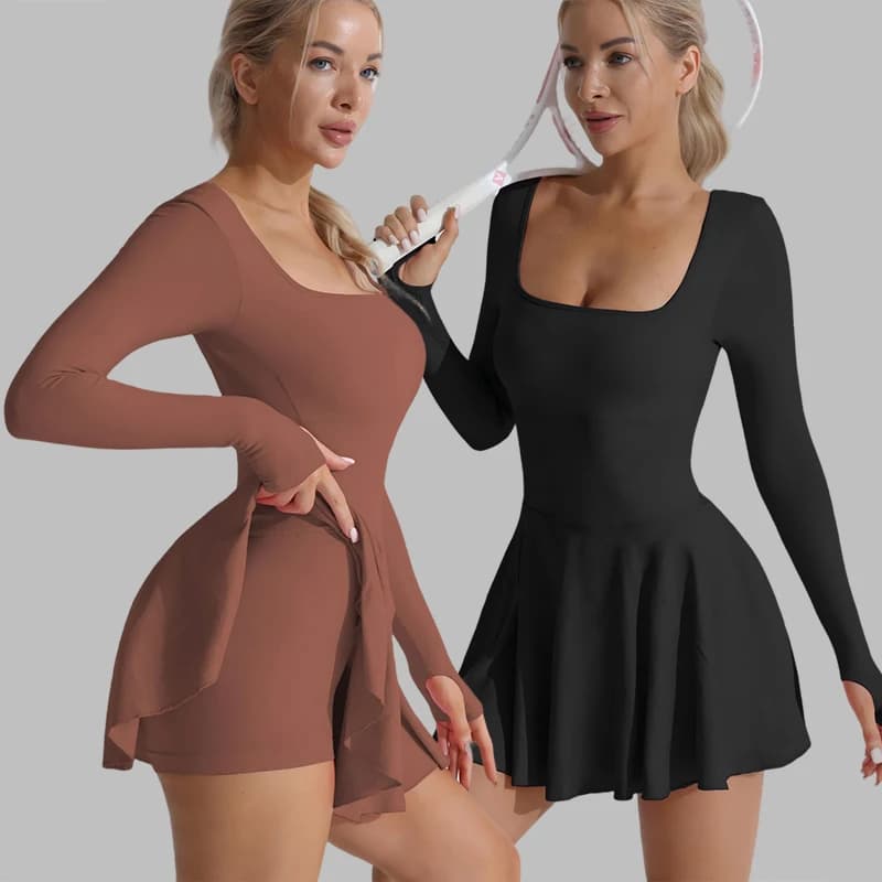 Damen-Tenniskleid mit U-Ausschnitt, sexy, schlankes Sport-Set, langärmeliges Golf-Skorts, rückenfreies Kreuz-Tenniskleid mit kurzen Yoga-Anzügen
