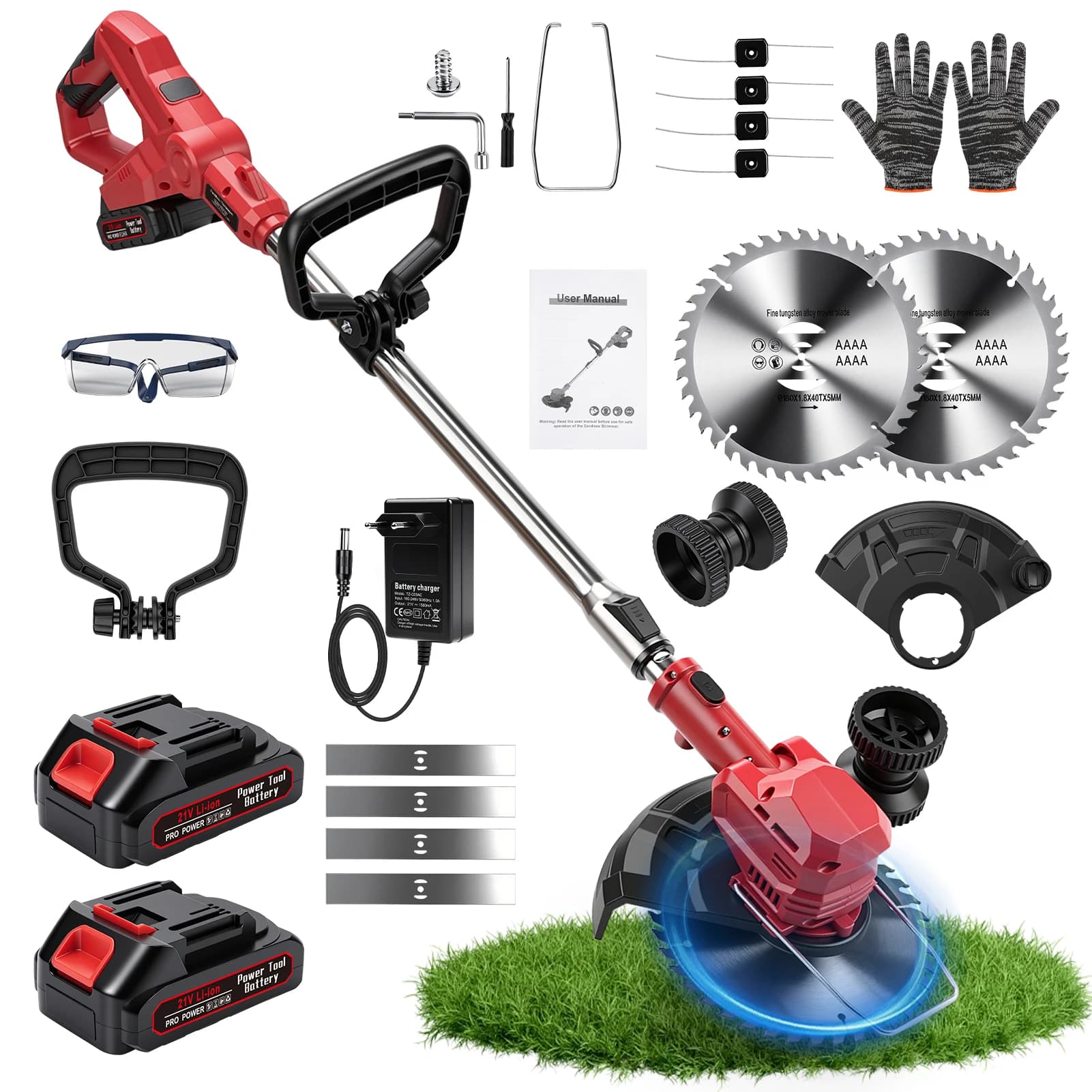 21V Akku-Rasenmäher & Rasentrimmer-Kombination, 750W Bürstenmotor, 8-Zoll Schnittbreite, 2*1,5A 8-Zoll Schnittbreite mit 90° °   Verstellbarer