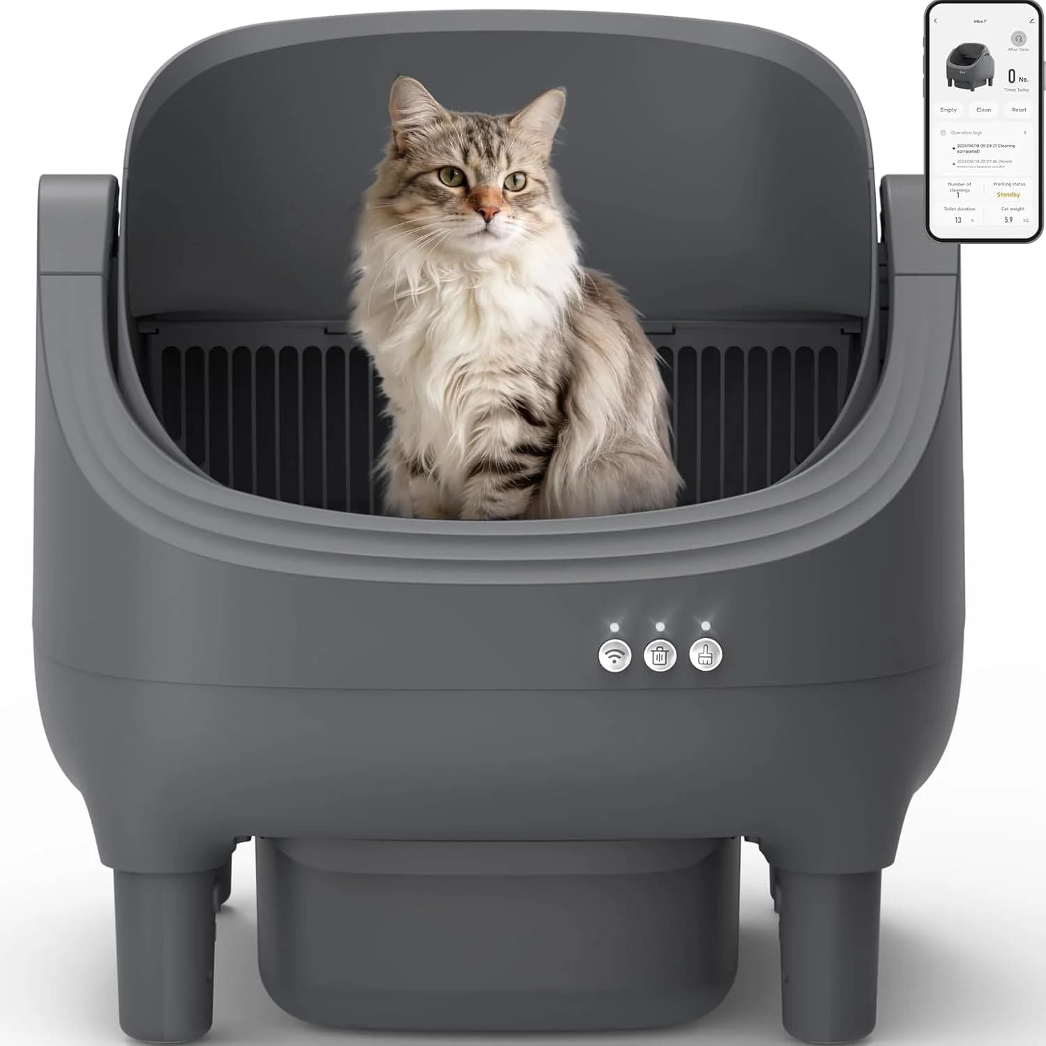 Automatische Selbstreinigende Katzentoilette, APP-Steuerung, Offenes Design, Anti-Klemm-Funktion, Geruchsfrei mit Müllbeuteln, für Mehrere Katzen,