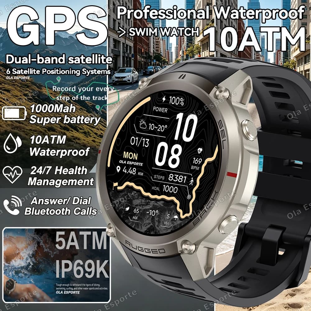 2026 Militärische Smartwatch mit integriertem GPS, 10ATM wasserdicht, Kompass, Höhenmesser, Barometer, AMOLED, HD-Anruffunktion, Sport-Smartwatch