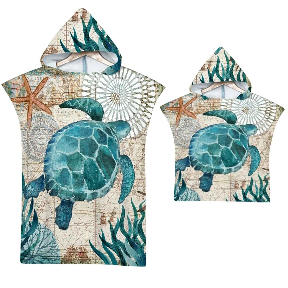 Meeresschildkröten-Badetuch, schnell trocknender Kapuzenumhang, großes Handtuch, Mikrofaser-Strandtuch, Neoprenanzug, Eltern-Kind-Poncho für