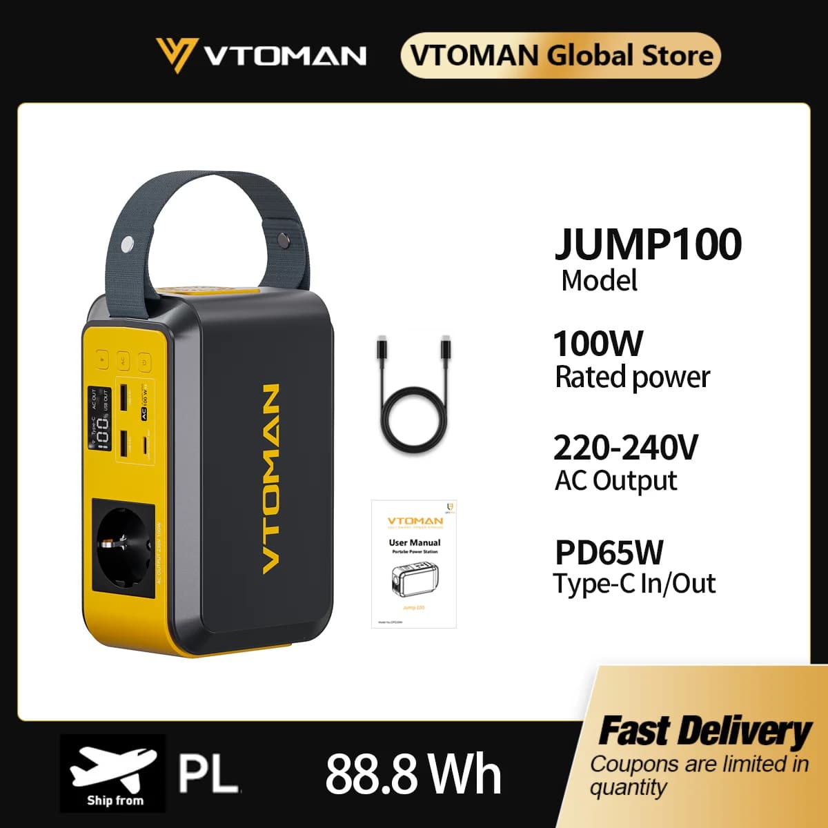 Tragbare Powerstation 88.8Wh LiFePO4 | 100W AC Ausgang | PD65W USB‑C | Camping Notstromversorgung