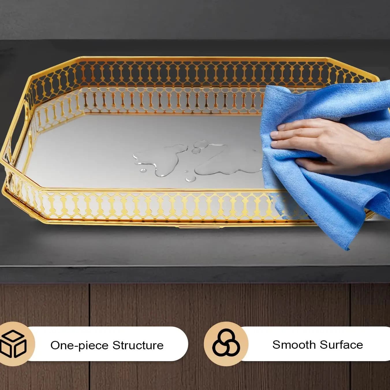 Goldenes Deko-Tablett 35*25*5cm Rechteckiges Desktop-Tablett Serviertablett Schminktablett für Badezimmer Esstische
