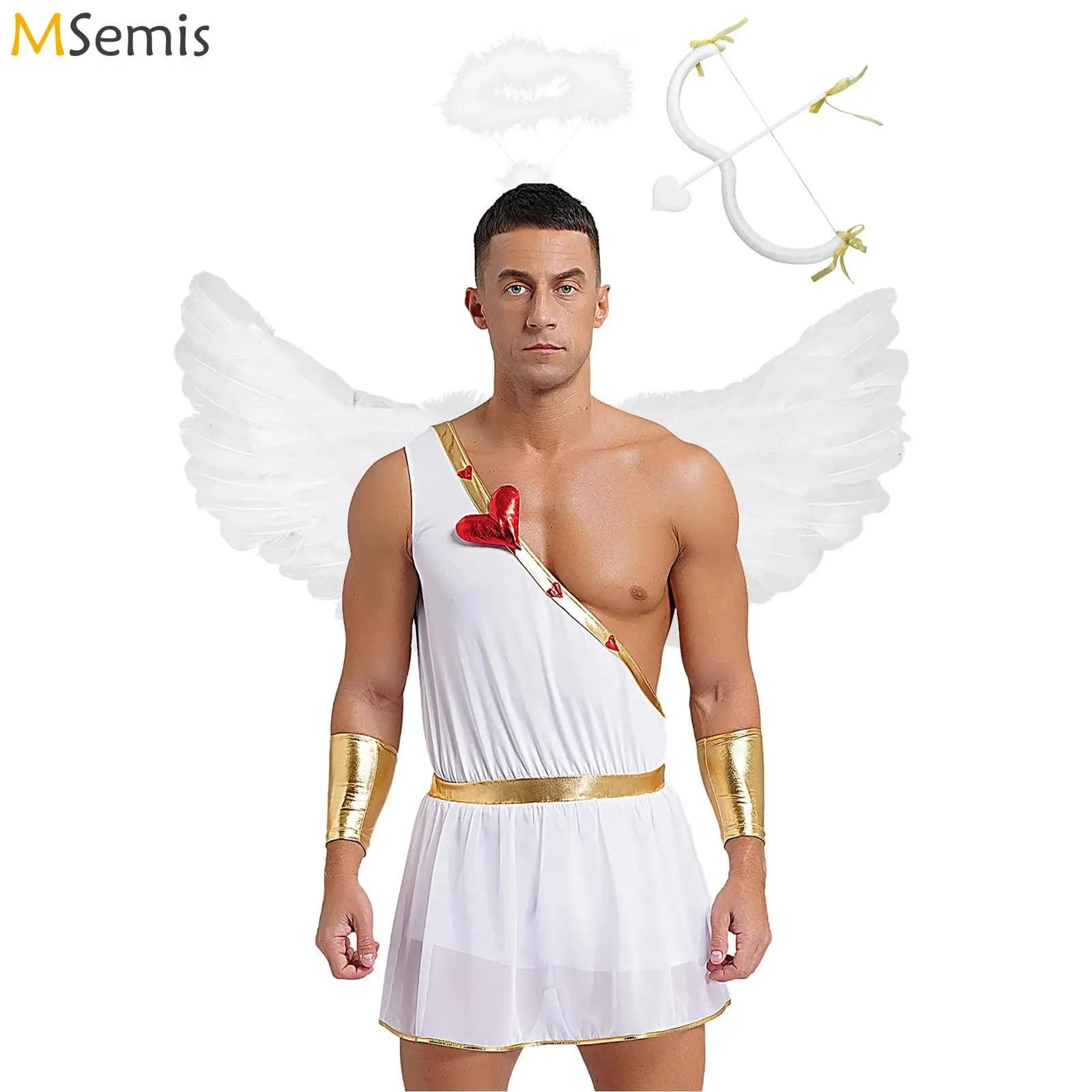 Männer Halloween Amor Prinzessin Cosplay Kostüm Herz Strampler Kleid Feder Engelsflügel Haarreifen für Festivals Valentinstag Geschenke